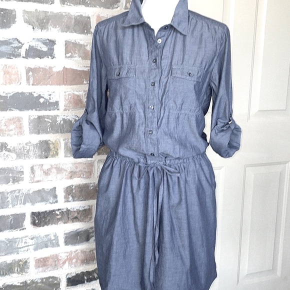 Gap Chambray Denim Dress Roll Tab Sleeve Utility Shirt Dress Size Small - Picture 4 of 11